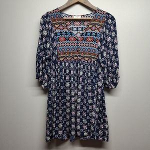 Umgee Boho Tunic Top Women's Size S Blue Floral Relaxed Fit